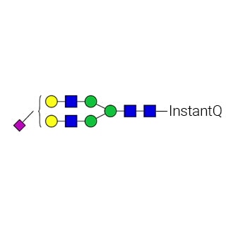 AdvanceBio InstantQ G2S1 α(2,3) / A2G2S(3)1 N-glycan standard (formerly ProZyme). N-glycan (mono-α(2,3)-sialylated-, galactosylated biantennary) labeled with InstantQ for use as a qualitative standard with the Gly-Q glycan analysis system. Alternative glycan names: G2S1, A2G2S1, A2G(4)1S(3)1, A1.