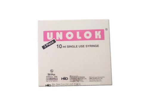 Hindustan Syringes Unolok 10ml Syringe with Needle, Luer Lock ( Box of 50 )