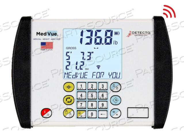 OEM#: MV1MEDICAL WEIGHT ANALYZER INDICATOR, 550 LBS, BACKLIT LCD BLUE 3.5 IN WD X 3 IN HT, MEMBRANE WITH 1 KEY, PAINTED STEEL, WIRELESS, 10000 DIVISIONS by Detecto Scale / Cardinal Scale