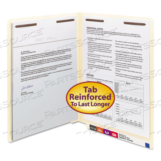 OEM#: 34115END TAB FASTENER FOLDERS WITH REINFORCED STRAIGHT TABS, 11-PT MANILA, 2 FASTENERS, LETTER SIZE, MANILA EXTERIOR, 50/BOX by Smead