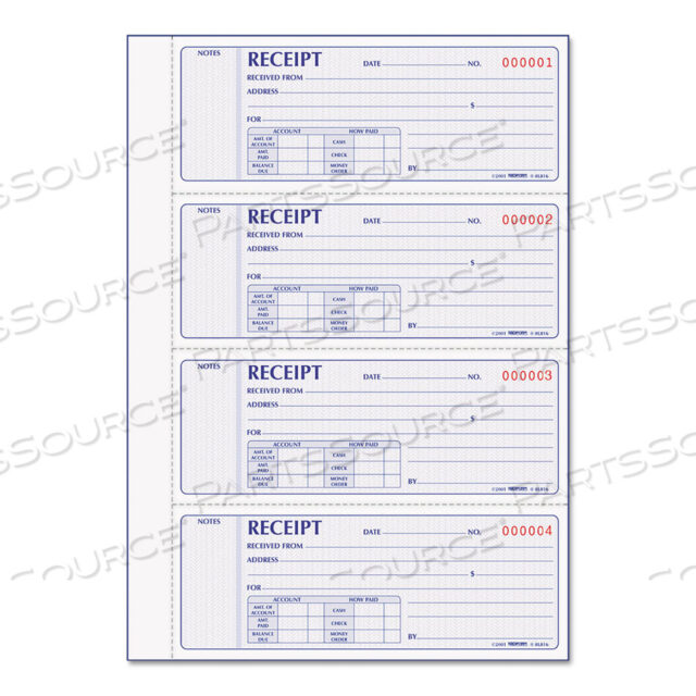 OEM#: 8L816RECEIPT BOOK, TWO-PART CARBONLESS, 7 X 2.75, 4 FORMS/SHEET, 400 FORMS TOTAL by Rediform