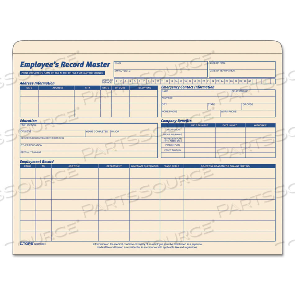 OEM#: 3280EMPLOYEE RECORD MASTER FILE JACKET, STRAIGHT TAB, LETTER SIZE, MANILA, 20/PACK by Tops