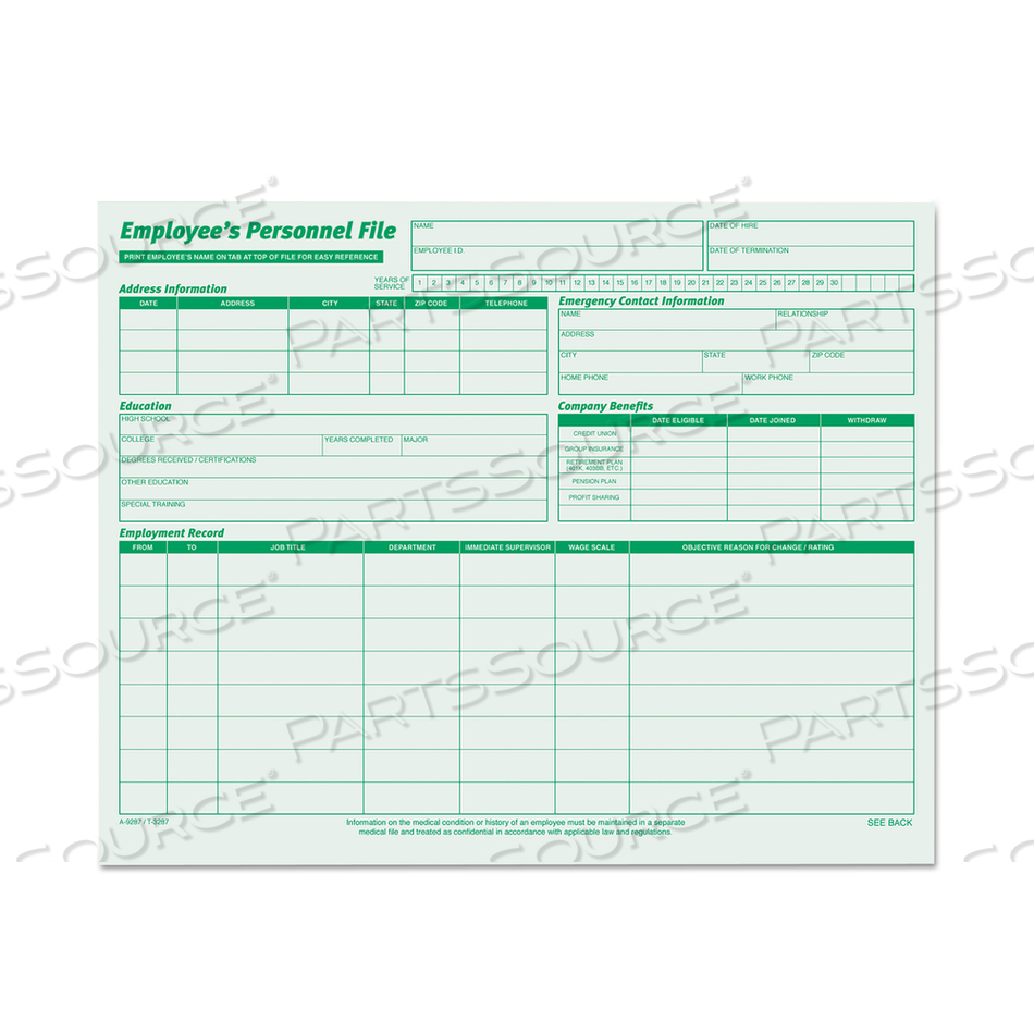 OEM#: 3287EMPLOYEES RECORD FILE FOLDER, STRAIGHT TABS, LETTER SIZE, INDEX STOCK, GREEN, 20/PACK by Tops