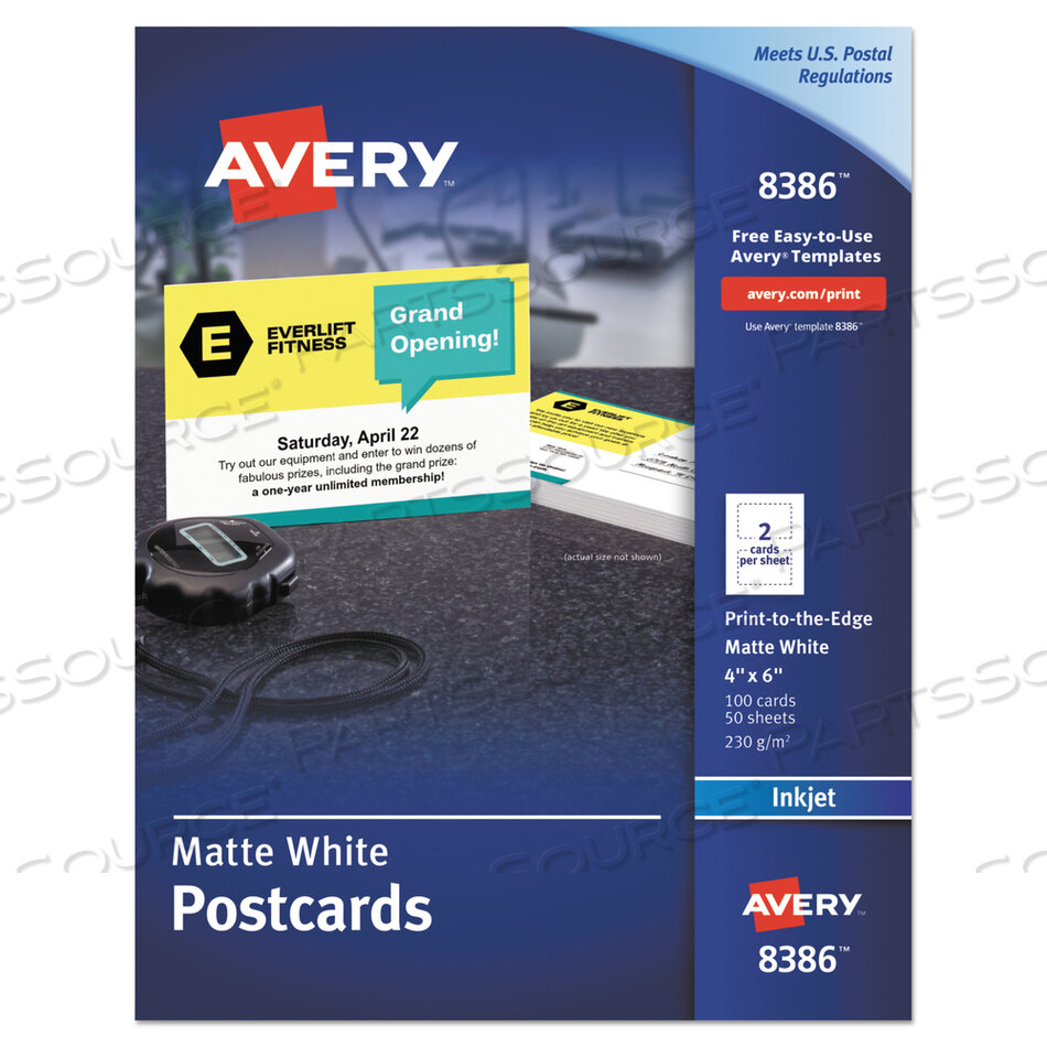 OEM#: 8386PRINTABLE POSTCARDS, INKJET, 85 LB, 4 X 6, MATTE WHITE, 100 CARDS, 2 CARDS/SHEET, 50 SHEETS/BOX by Avery