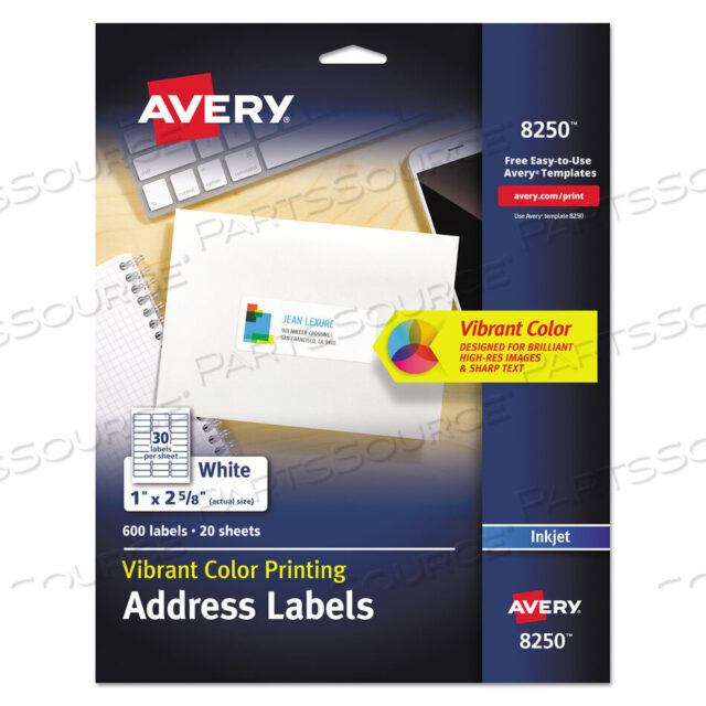 OEM#: 8250VIBRANT INKJET COLOR-PRINT LABELS W/ SURE FEED, 1 X 2.63, MATTE WHITE, 600/PK by Avery