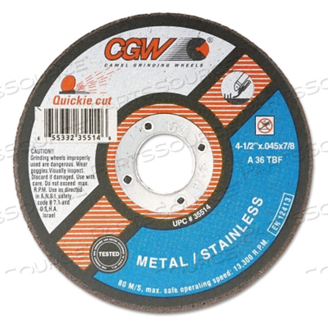 OEM#: 3551435514 CGW TYPE 1, QUICKIE CUT CUTOFF WHEELS .045 AND A36T, 4-1/2 X.045 X 7/8 T1 ZA36-T-BF, 25/BOX by CGW Abrasives