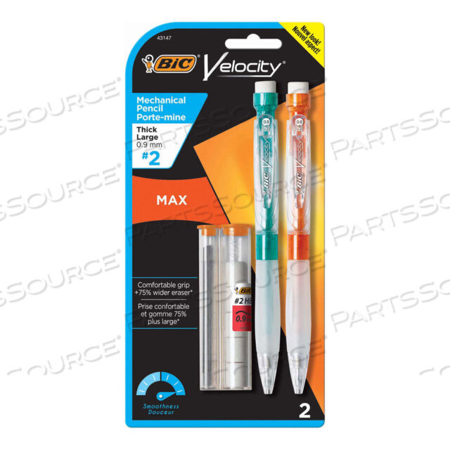 OEM#: MPMX9P21VELOCITY MAX PENCIL, 0.9 MM, HB (#2), BLACK LEAD, ASSORTED BARREL COLORS, 2/PACK by BIC