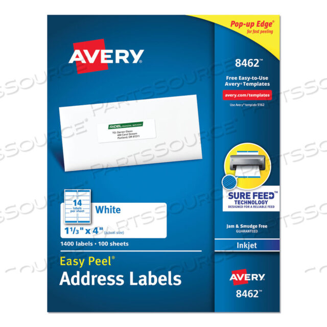 OEM#: 8462EASY PEEL WHITE ADDRESS LABELS W/ SURE FEED TECHNOLOGY, INKJET PRINTERS, 1.33 X 4, WHITE, 14/SHEET, 100 SHEETS/BOX by Avery