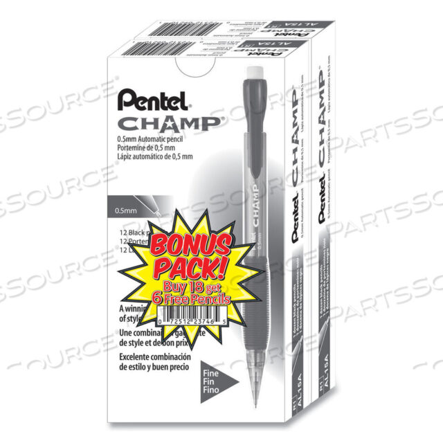 OEM#: AL15ASW2CHAMP MECHANICAL PENCIL, 0.5 MM, HB (#2.5), BLACK LEAD, TRANSLUCENT BLACK BARREL, 24/PACK by Pentel of America