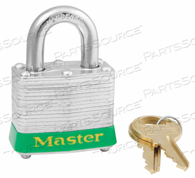 OEM#: 3KAS6GRNLAMINATED STEEL SAFETY PADLOCK, 1-9/16W X 3/4H SHACKLE, GREEN, 6/SET by Master Lock
