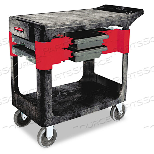 OEM#: FG618000BLATWO-SHELF TRADES CART, PLASTIC, 2 SHELVES, 2 DRAWERS, 330 LB CAPACITY, 19.25 X 38 X 33.38, BLACK by Rubbermaid Medical Division