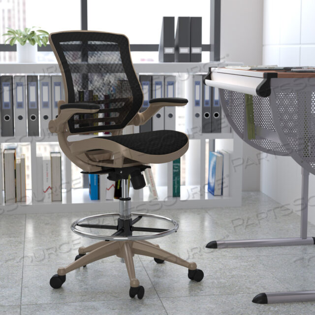 OEM#: BL-LB-8801X-D-GGWAYLON MID-BACK TRANSPARENT BLACK MESH DRAFTING CHAIR WITH MELROSE GOLD FRAME AND FLIP-UP ARMS by Flash Furniture