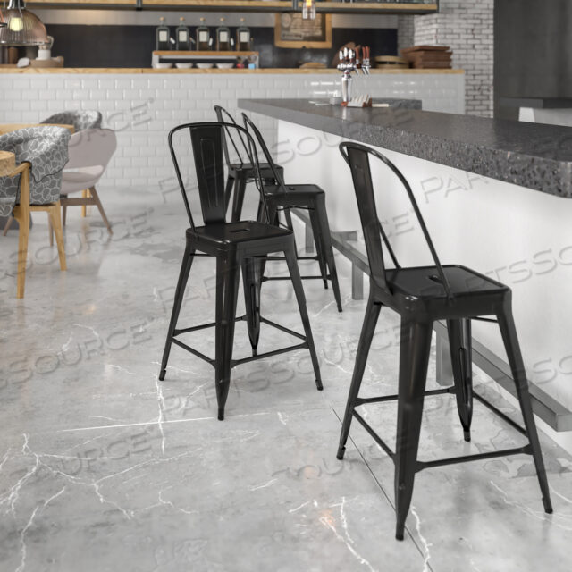 OEM#: CH-31320-24GB-BK-GGKAI COMMERCIAL GRADE 24 HIGH BLACK METAL INDOOR-OUTDOOR COUNTER HEIGHT STOOL WITH REMOVABLE BACK by Flash Furniture