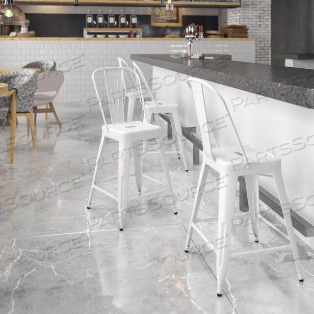 OEM#: CH-31320-24GB-WH-GGKAI COMMERCIAL GRADE 24 HIGH WHITE METAL INDOOR-OUTDOOR COUNTER HEIGHT STOOL WITH REMOVABLE BACK by Flash Furniture