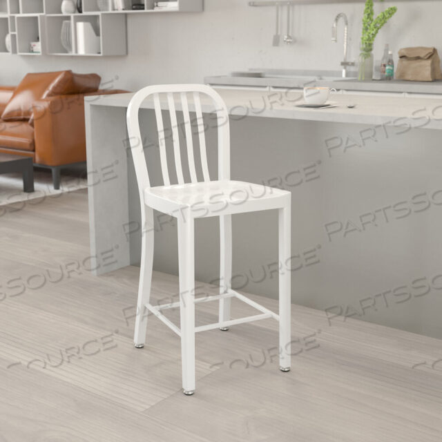 OEM#: CH-61200-24-WH-GGGAEL COMMERCIAL GRADE 24 HIGH WHITE METAL INDOOR-OUTDOOR COUNTER HEIGHT STOOL WITH VERTICAL SLAT BACK by Flash Furniture