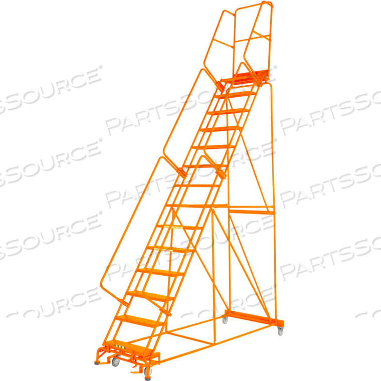 OEM#: FS144021G-OGRIP 24W 14 STEP STEEL ROLLING LADDER 21D TOP STEP W/ HANDRAIL LOCK STEP - ORANGE by Ballymore