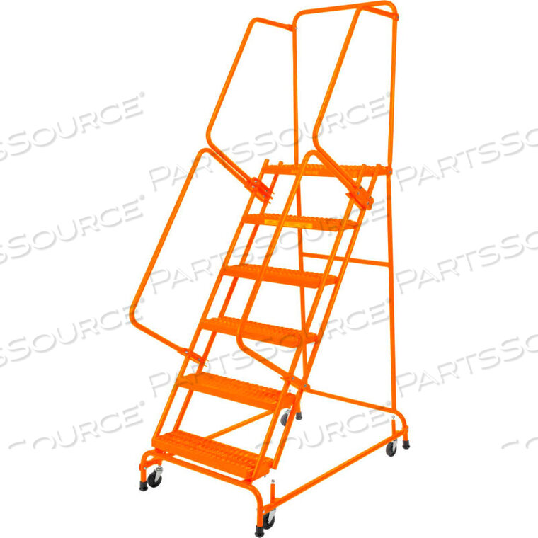 OEM#: FSH62621G-OGRIP 24W 6 STEP STEEL ROLLING LADDER 21D TOP STEP W/ HANDRAILS - ORANGE by Ballymore