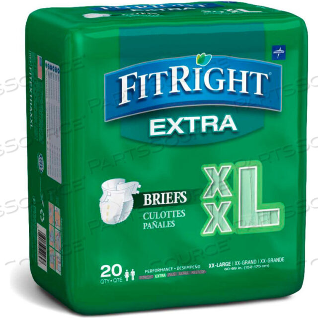 FITRIGHT EXTRA ADULT DISPOSABLE BRIEFS, SIZE 2XL, WAIST SIZE 60-69, 20/BAG