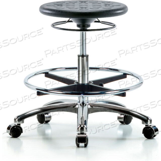OEM#: CLR-IPMBSO-CR-CF-CC-BLKBLUE RIDGE ERGONOMICS CLEANROOM STOOL WITH CASTERS AND FOOTRING - MEDIUM BENCH HEIGHT - BLACK by E Com Inc