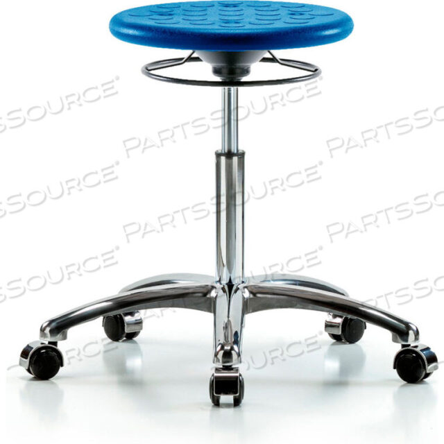 OEM#: CLR-IPMBSO-CR-NF-CC-BLUBLUE RIDGE ERGONOMICS CLEANROOM STOOL WITH CASTERS - MEDIUM BENCH HEIGHT - BLUE by E Com Inc
