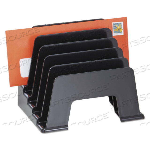 OEM#: UNV08104RECYCLED PLASTIC INCLINE SORTER, 5 SECTIONS, DL TO A5 SIZE FILES, 8 X 5.5 X 6, BLACK by Universal