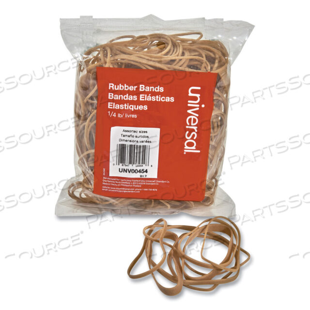 OEM#: UNV00454RUBBER BANDS, SIZE 54 (ASSORTED), ASSORTED GAUGES, BEIGE, 4 OZ BOX by Universal