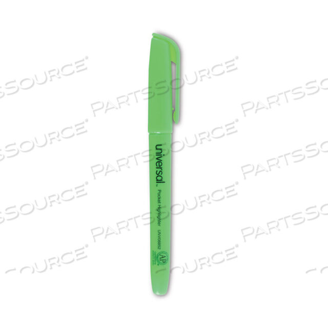 OEM#: UNV08852POCKET HIGHLIGHTERS, FLUORESCENT GREEN INK, CHISEL TIP, GREEN BARREL, DOZEN by Universal