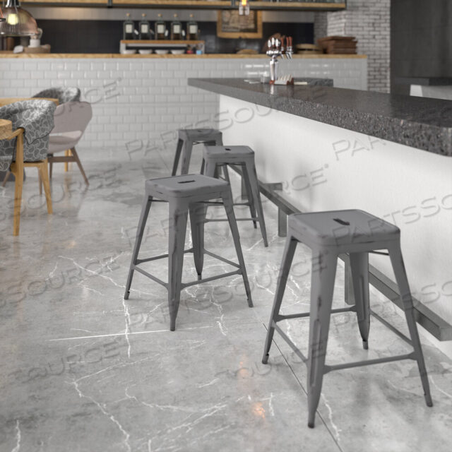 OEM#: ET-BT3503-24-SIL-GGKAI COMMERCIAL GRADE 24 HIGH BACKLESS DISTRESSED SILVER GRAY METAL INDOOR-OUTDOOR COUNTER HEIGHT STOOL by Flash Furniture
