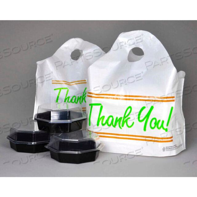 OEM#: TO165146TYPRINTED THANK YOU TAKE OUT BAG WITH BELL TOP HANDLE - 16.5 X 14 PKG QTY 500 by Elkay Plastics