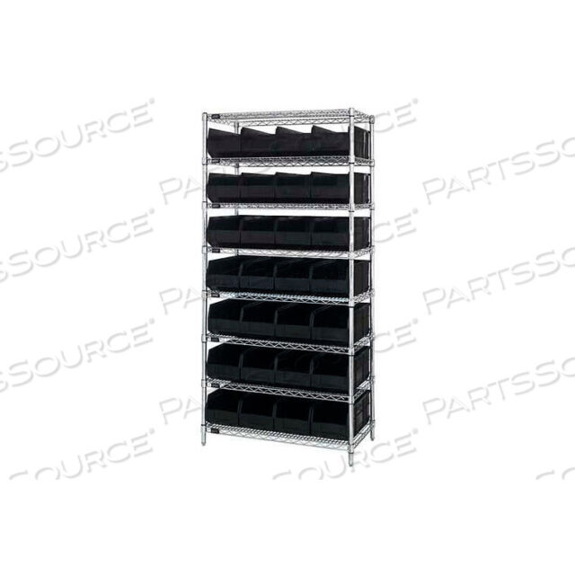 OEM#: WR8-483BKWR8-483 CHROME WIRE SHELVING WITH 28 SSB483 STACKABLE SHELF BINS BLACK, 36X21X74 by Quantum Storage Systems