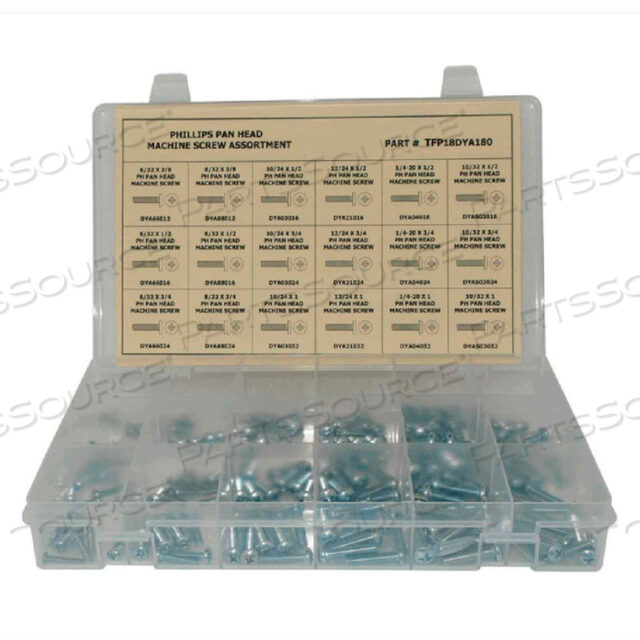 OEM#: TFP18DYA330330 PIECE MACHINE SCREW ASSORTMENT - #6 TO 1/4 - PHILLIPS PAN HEAD - STEEL - ZINC PLATED by Titan Fasteners
