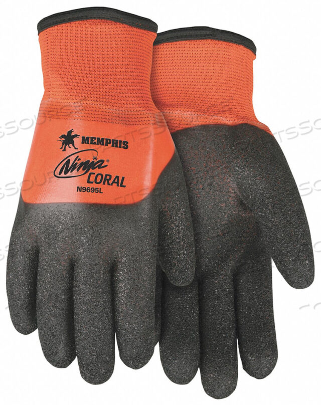 NINJA CORAL 15 GAUGE HI VIS ORANGE NYLON EXTERIOR/7 GAUGE ACRYLIC TERRY INTERIOR SEHLL, BLACK CORAL 3/4 DIP COATING OVER PREMIUM CLEAR PVC FULL D