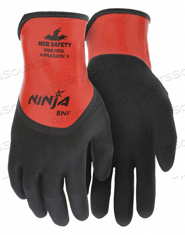 18 GAUGE, GRAY NYLON/SPANDEX SHELL, RED FULL NITRILE DIP, SECOND COATING BNF OVER THE KNUCKLE DIP, ANSI ABRASION 5, PUNCTURE 2, HEAT 3