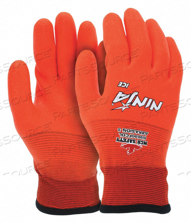 NINJA ICE FULLY COATED 7 GAUGE HIVIS ORANGE ACRYLIC TERRY LINER W/15 GAUGE NYLON SHELL, FULLY DIPPED HPT COATING, TREATED W/LIQUID REPELLENT TECH