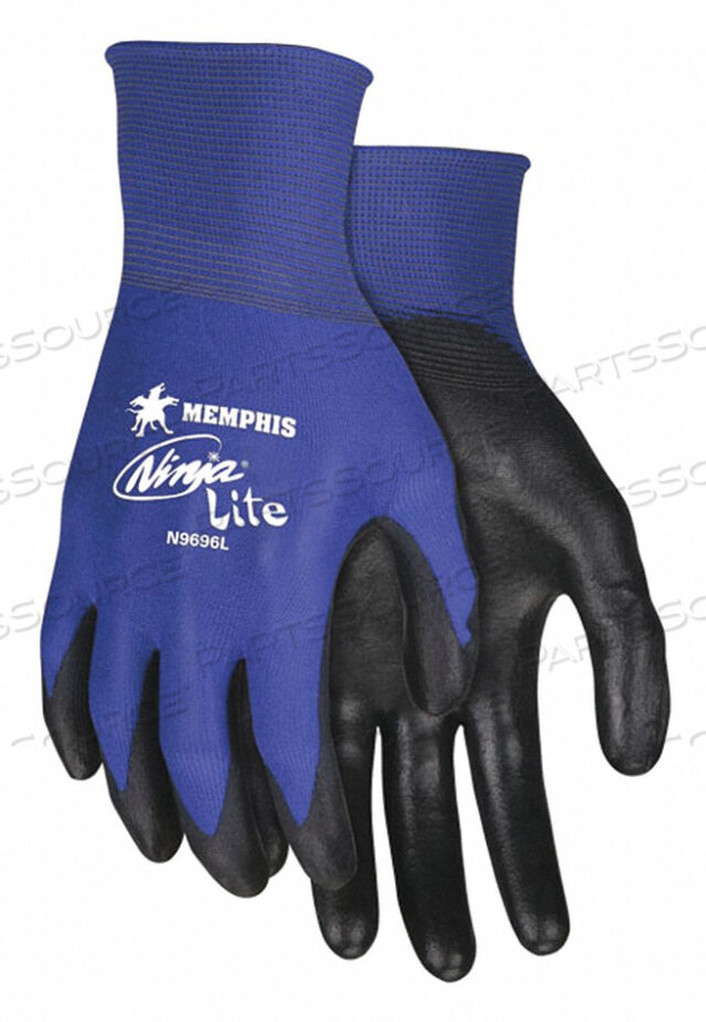 NINJA LITE ATHLETIC GRADE BLUE NYLON SHELL, BLACK PU DIPPED PALM/FINGERTIPS, ANSI ABRASION 3