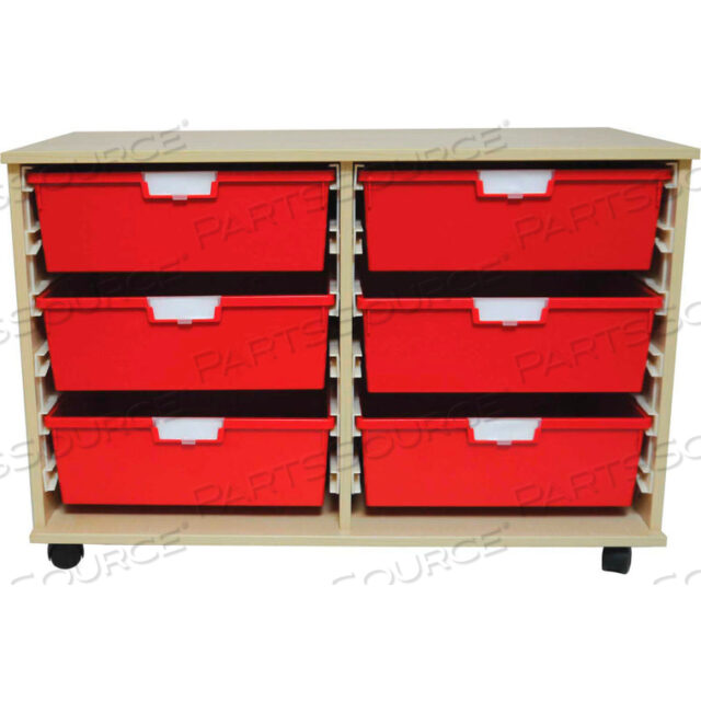 STORSYSTEM WOOD TOTE CART - 6 EXTRA WIDE RED TOTES 40 X 18-3/4 X 27-3/8