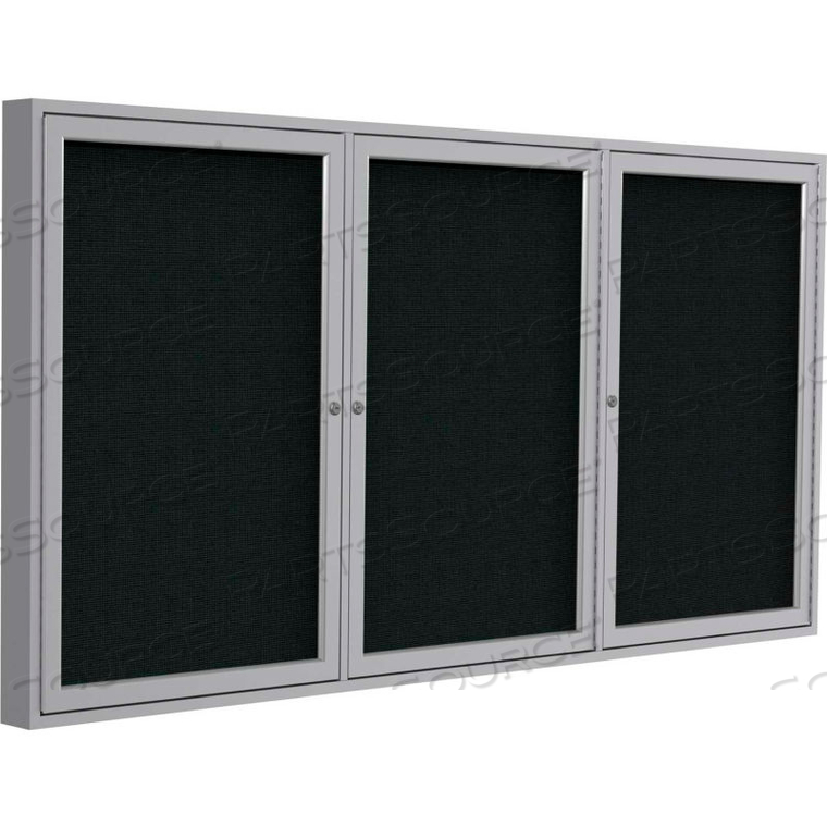 ENCLOSED BULLETIN BOARD - 3 DOOR - BLACK FABRIC W/SILVER FRAME - 36 X 72