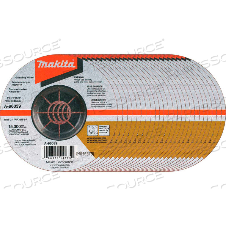 OEM#: A-96039-25INOX GRINDING WHEEL, 36 GRIT, TYPE 27, 4 DIA X 1/4T X 5/8 CNTR HOLE DIA, 25/PK by Makita