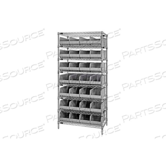 OEM#: WR8-463GYWR8-463 CHROME WIRE SHELVING WITH 28 SSB463 STACKABLE SHELF BINS GRAY, 36X18X74 by Quantum Storage Systems