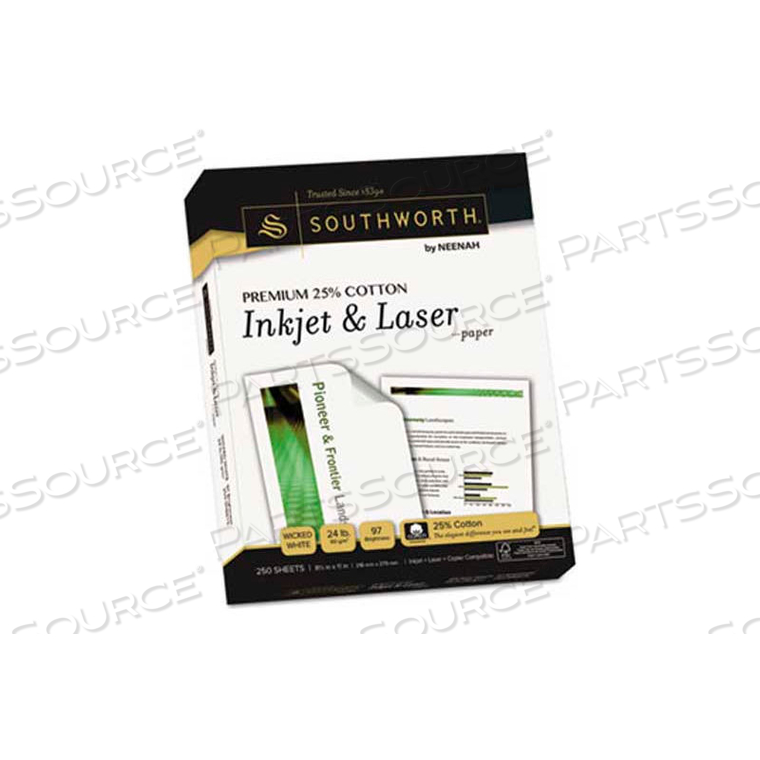 PREMIUM 25% COTTON INKJET/LASER PAPER, WHITE, 97 BRIGHT, 24LB, LETTER, 250/PACK