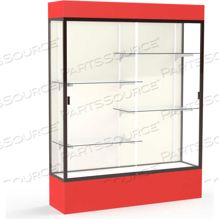 SPIRIT LIGHTED DISPLAY CASE 60W X 80H X 16D PLAQUE BACK DARK BRONZE RED BASE & TOP