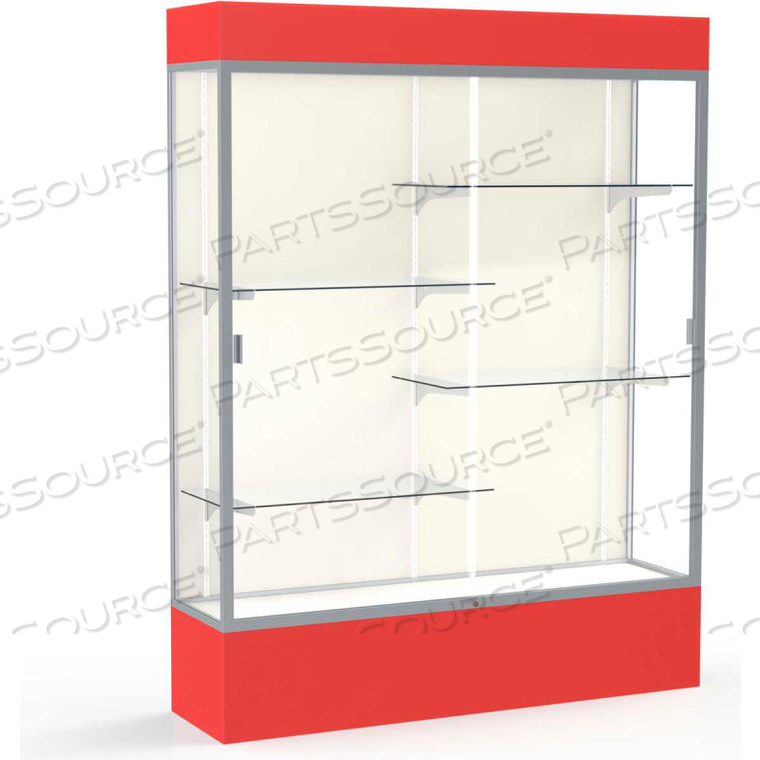 SPIRIT LIGHTED DISPLAY CASE 60W X 80H X 16D PLAQUE BACK SATIN FINISH RED BASE & TOP