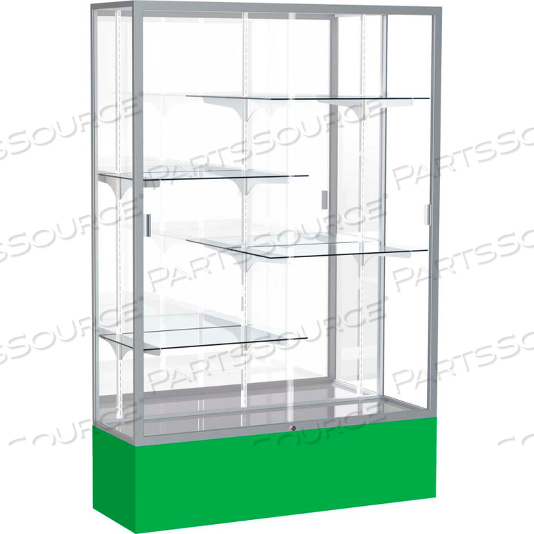 SPIRIT DISPLAY CASE KELLY GREEN BASE, SATIN FRAME, MIRROR BACK 48W X 16D X 72H