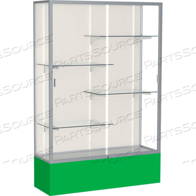 SPIRIT DISPLAY CASE KELLY GREEN BASE, SATIN FRAME, FABRIC BACK 48W X 16D X 72H