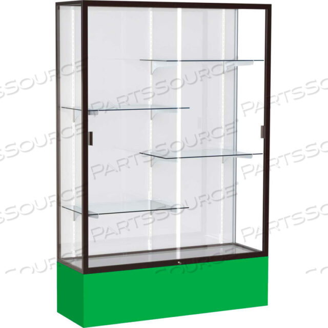 SPIRIT DISPLAY CASE KELLY GREEN BASE, BRONZE FRAME, WHITE BACK 48W X 16D X 72H