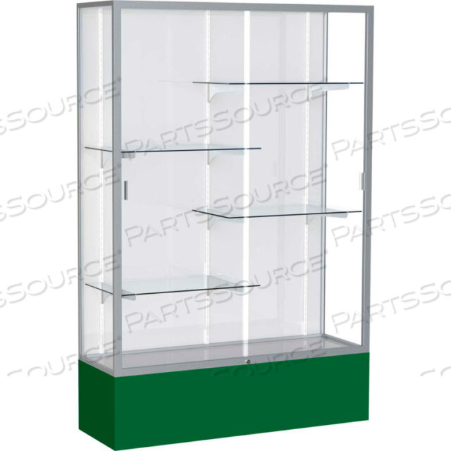 SPIRIT DISPLAY CASE FOREST GREEN BASE, SATIN FRAME, WHITE BACK 48W X 16D X 72H