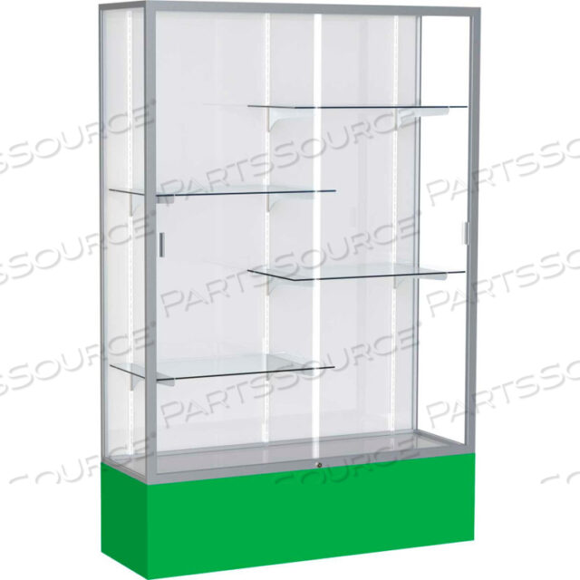 SPIRIT DISPLAY CASE KELLY GREEN BASE, SATIN FRAME, WHITE BACK 48W X 16D X 72H