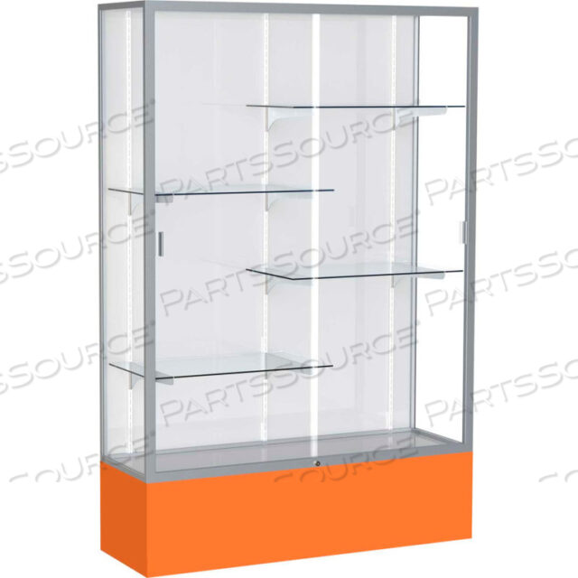 SPIRIT DISPLAY CASE ORANGE BASE, SATIN FRAME, WHITE BACK 48W X 16D X 72H