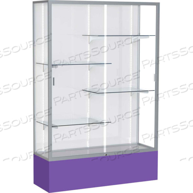 SPIRIT DISPLAY CASE PURPLE BASE, SATIN FRAME, WHITE BACK 48W X 16D X 72H