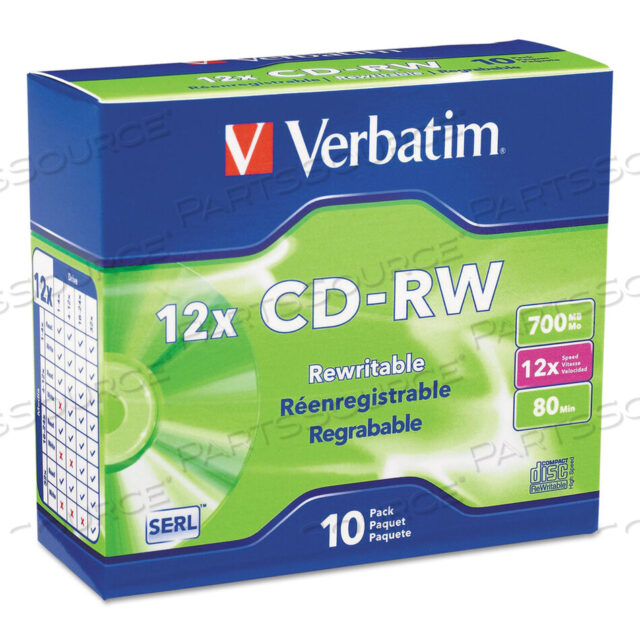 OEM#: 95156CD-RW HIGH-SPEED REWRITABLE DISC, 700 MB/80 MIN, 12X, SLIM JEWEL CASE, SILVER, 10/PACK by Verbatim